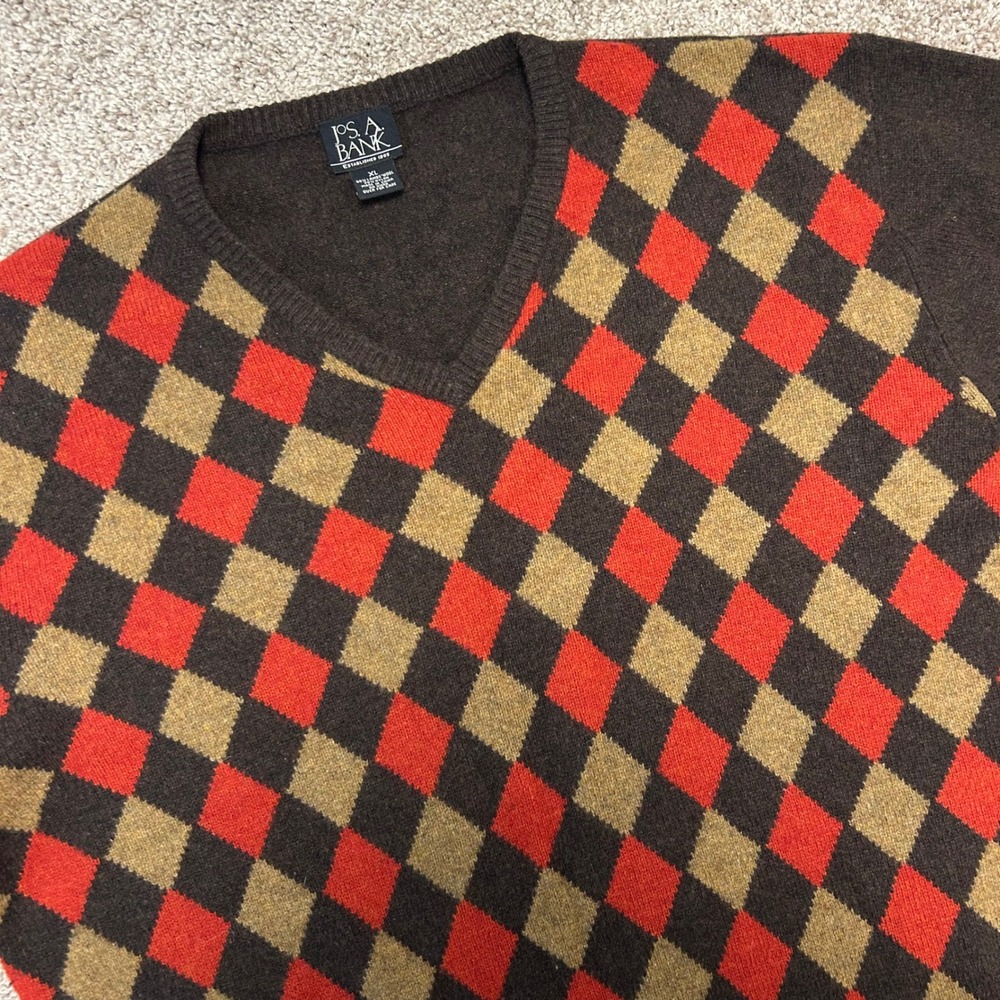 Jos. A. Bank 80% Lambswool Argyle V-Neck Sweater Brown Red Tan Men Size‎ XL